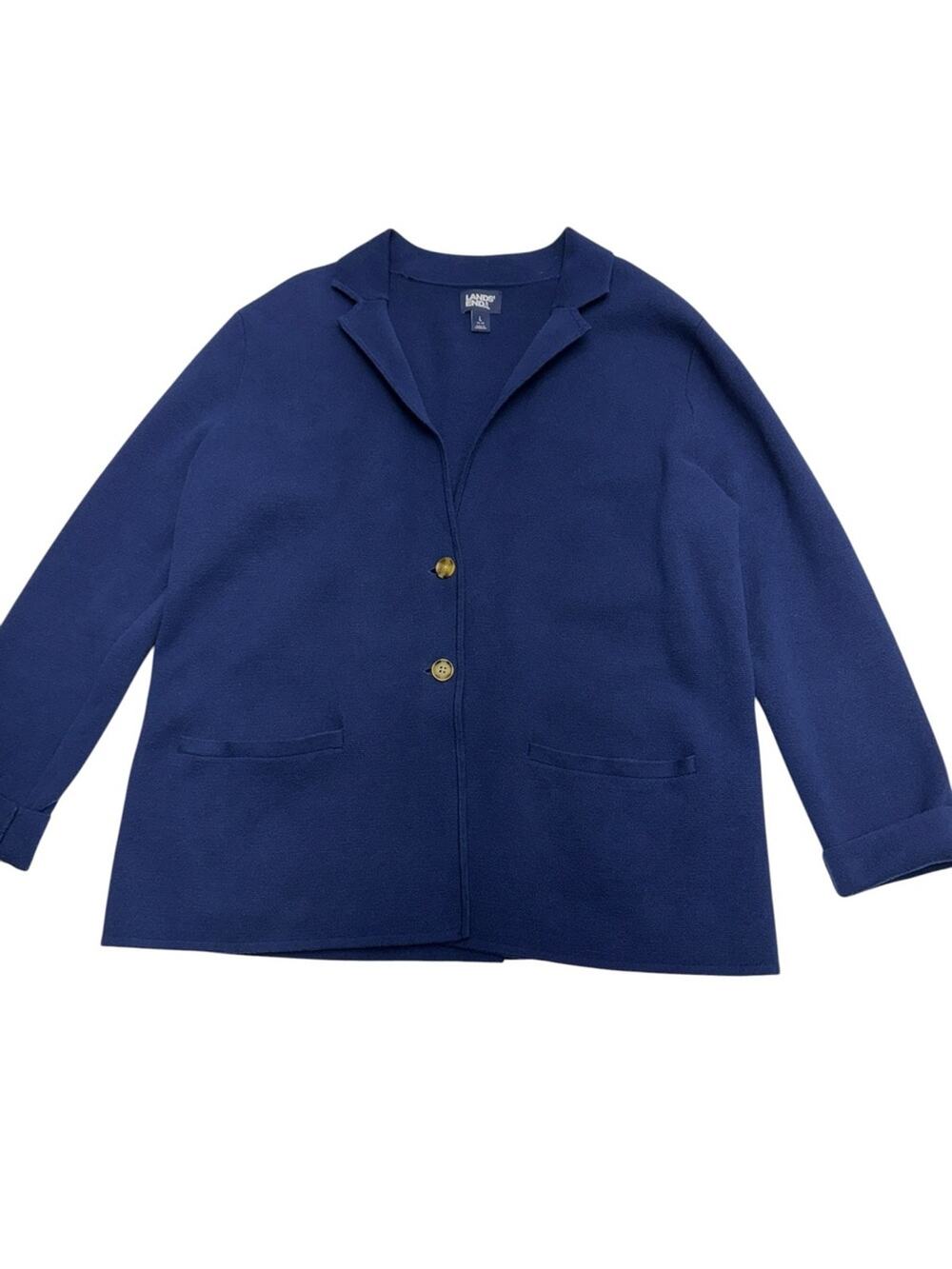LANDS END Women’s Large (14-16) Navy Blue Cardigan Sweater